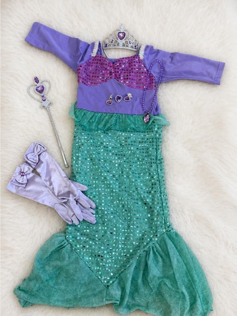 Mermaid Princess Costume Set – Dress Tiara Wand Gloves Size 5 Halloween